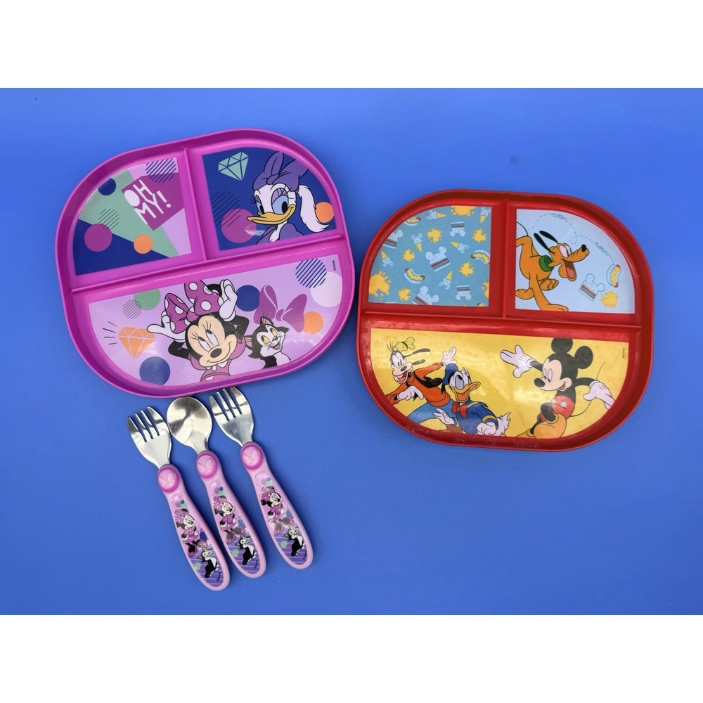 Disney Mickey Minnie Kids Divided Plates Utensils 5 Pc Mealtime Set